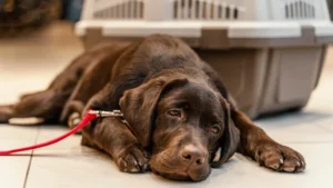 Perro siendo evaluado por un veterinario debido a vómitos y problemas digestivos